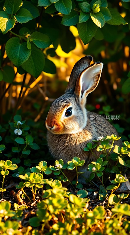 阳光下的可爱小兔子在绿意盎然中探出头