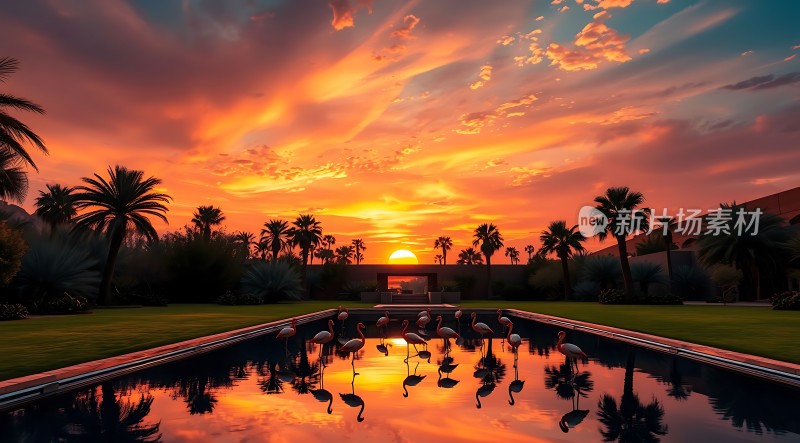 日落下的火红天空与倒影池中优雅的火烈鸟相映成趣