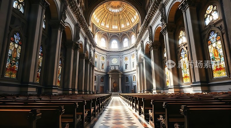 阳光洒进宏伟教堂彩色玻璃窗映照神圣光芒