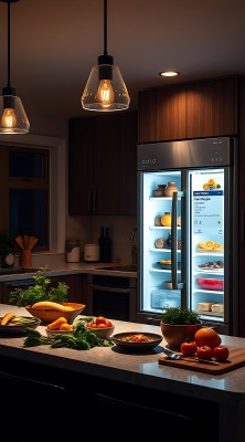 现代厨房冰箱、水果和蔬菜 现代厨房冰箱、水果和蔬菜