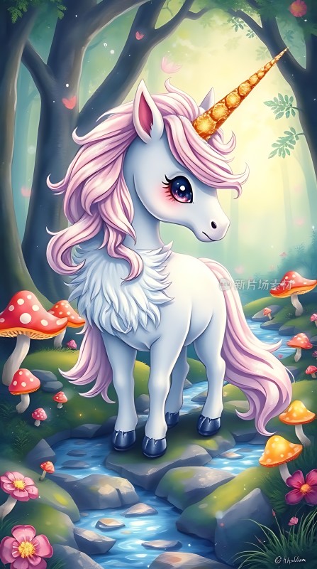 粉发独角兽在梦幻森林中漫步