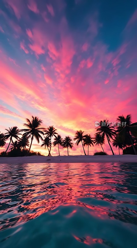椰林晚霞映碧波