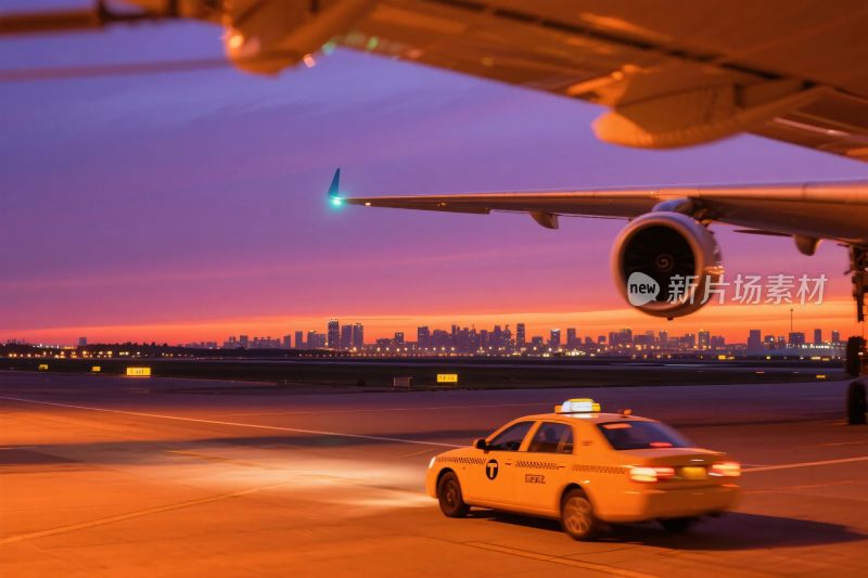 机场黄昏出租车与飞机
