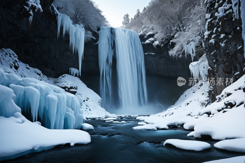 雪瀑布冰盖覆盖着岩石水顺流而下风景图片