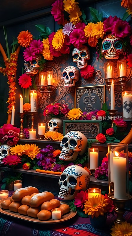 亡灵节祭坛骷髅与鲜花共舞