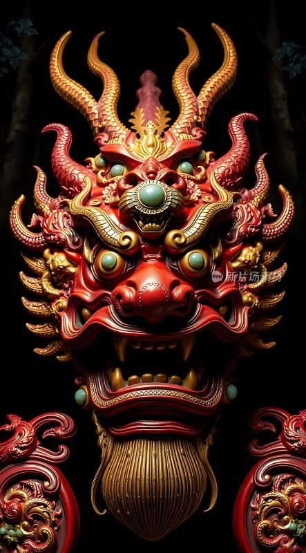 红色龙首面具威武壮观细节精致色彩鲜艳