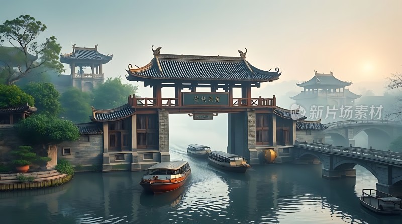 古桥水乡船影绰约