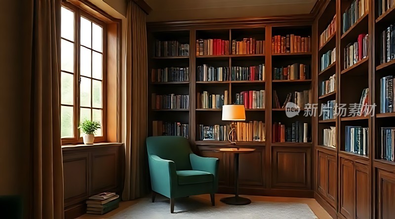 阳光下的静谧书房绿椅旁的书架