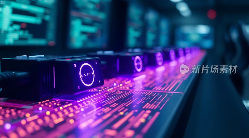 科技感十足的监控中心屏幕和设备发出炫目的光效