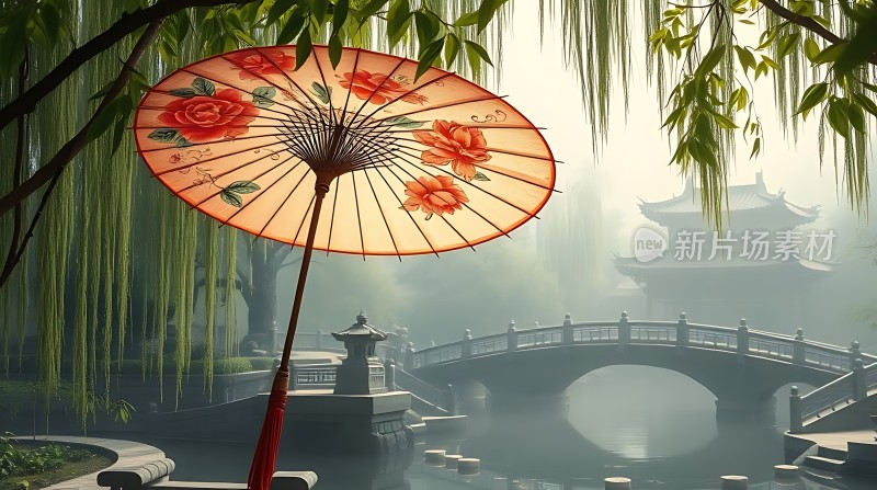 古风油纸伞下的江南水乡