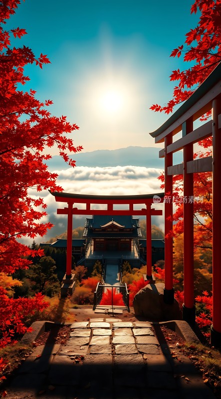 秋日红枫下的神社美景