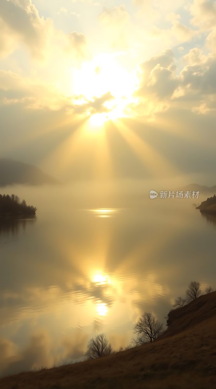 湖畔晨曦映照下的宁静美景