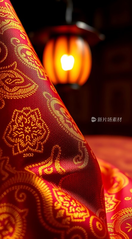 红色布料上的金色花纹与背景中的灯笼相映成趣