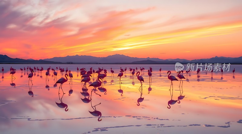 火红夕阳映照下的火烈鸟群