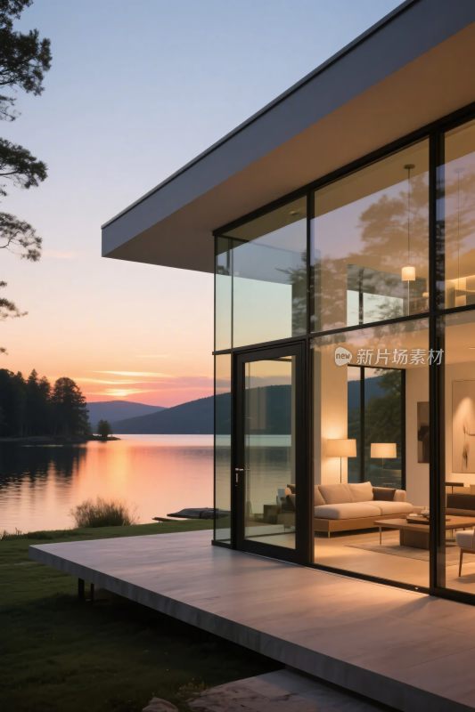 现代湖边住宅景观图