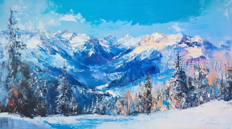 雪山油画