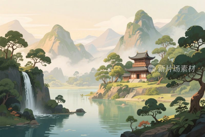 山水古风风景插画