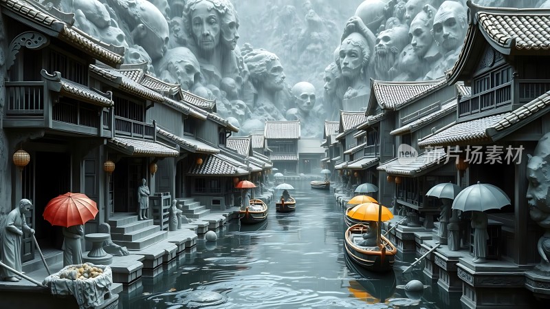 古风水乡人物雕像小船伞影