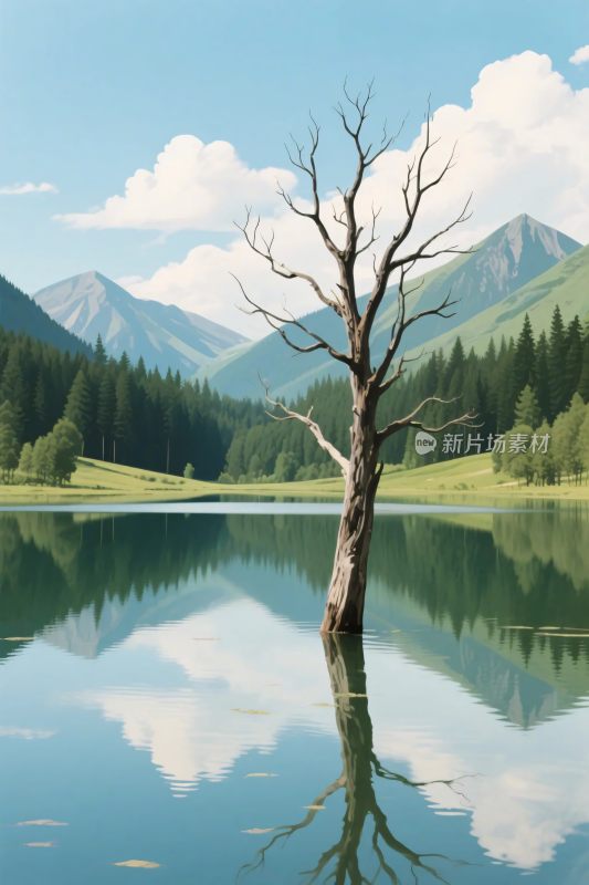 山水枯树湖景插画