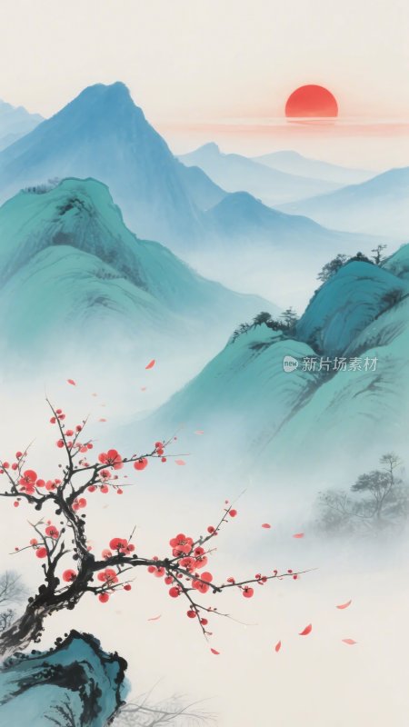 山间红梅映红日美景