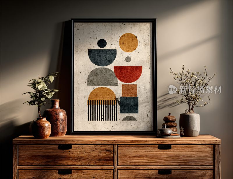 柜上装饰画与花瓶陈设