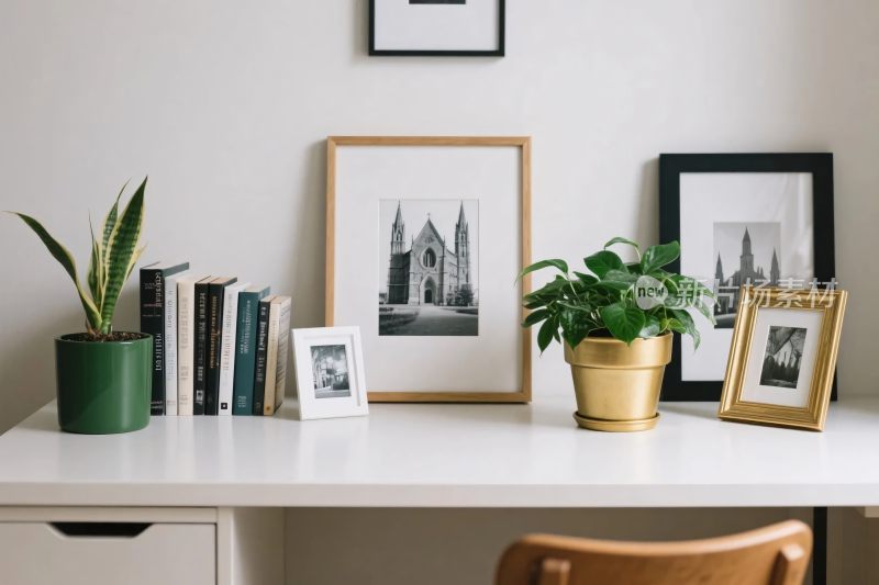 简约书桌布置及装饰画绿植