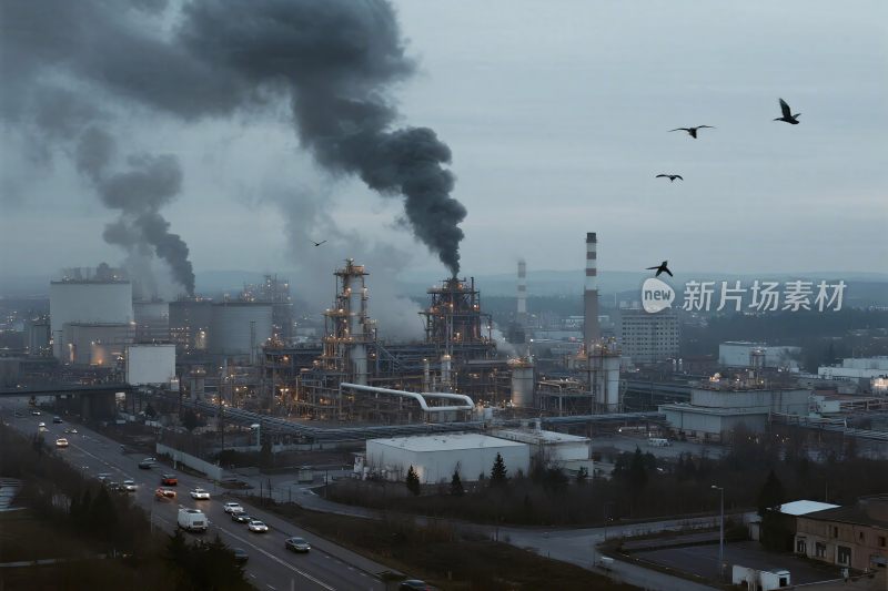 烟雾笼罩的工业工厂景象