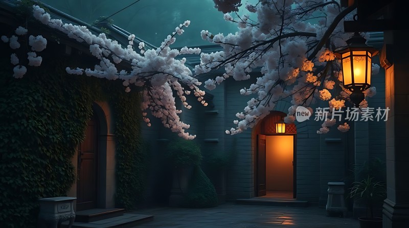 春夜灯笼映白花