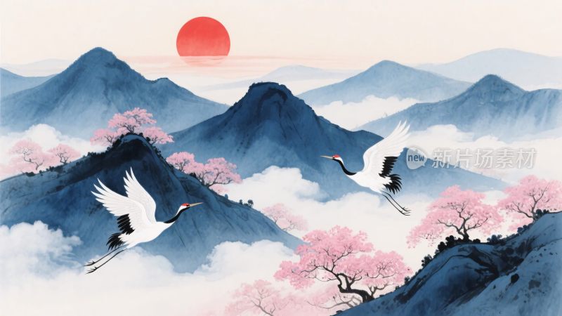 山水间双鹤伴红日飞翔图