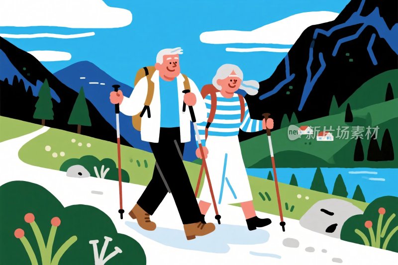 老年夫妇户外徒步插画
