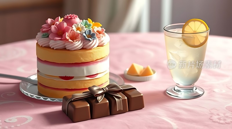 甜蜜下午茶时光多层蛋糕、巧克力、柠檬水