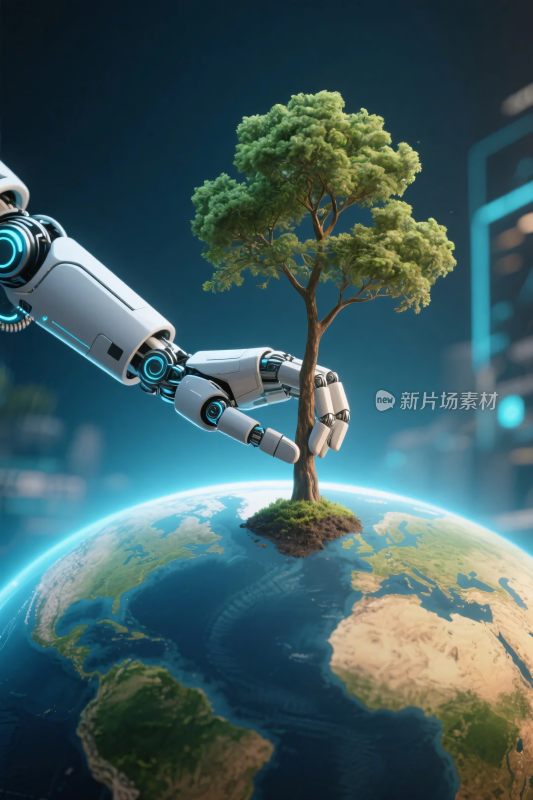机械臂种树地球插画
