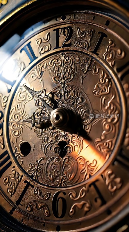 古铜色时钟表盘上的指针和数字