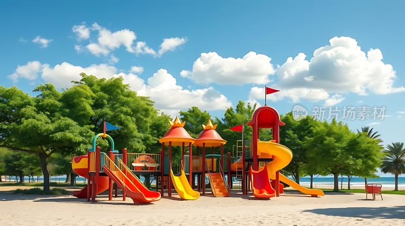 蓝天白云下的彩色游乐场