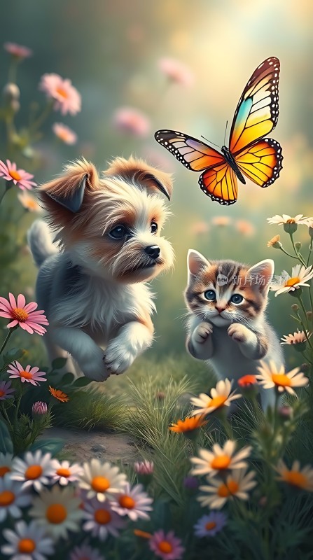 蝴蝶飞舞小狗小猫共度美好时光