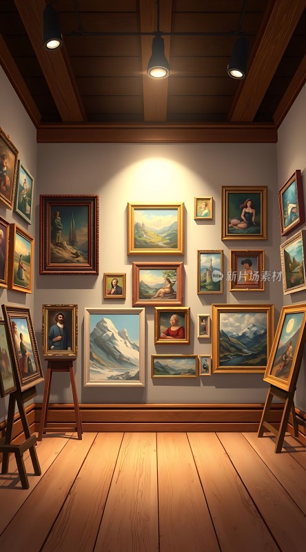 艺术殿堂画作琳琅满目灯光璀璨