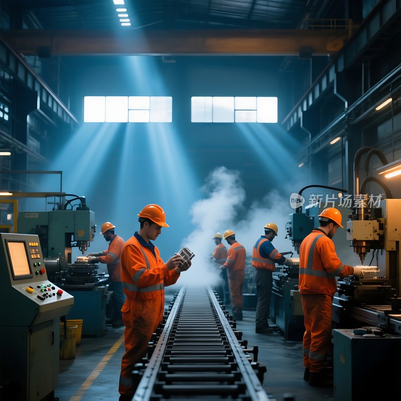 工人操作机器生产铁轨