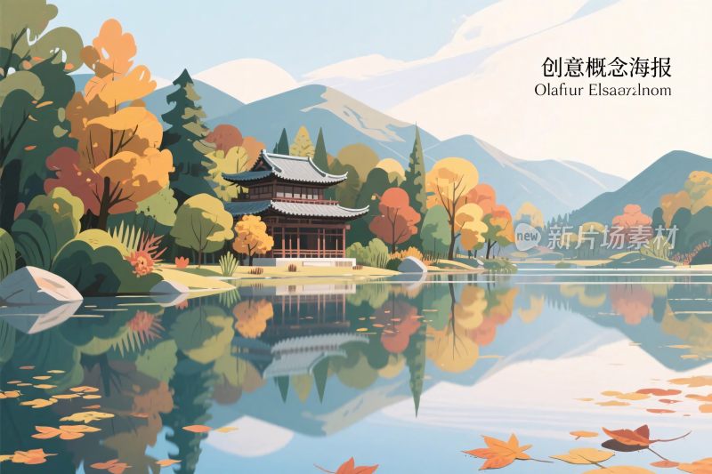 山水古建风景插画