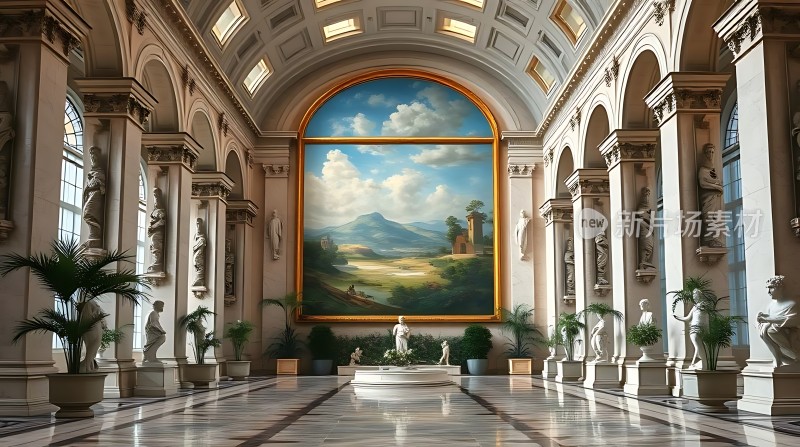 艺术殿堂雕像环绕巨幅画作映衬自然美景