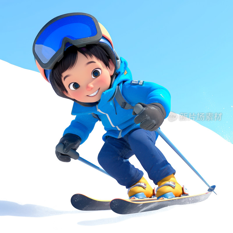 冬季雪地滑雪的男孩女孩3D卡通人物插画