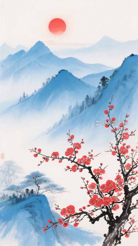 红梅映山红日图