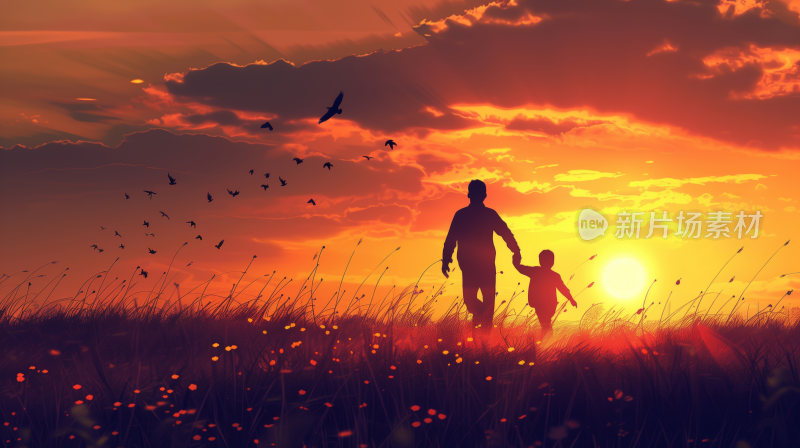父亲节插画夕阳中的父子手牵手在草原上奔跑