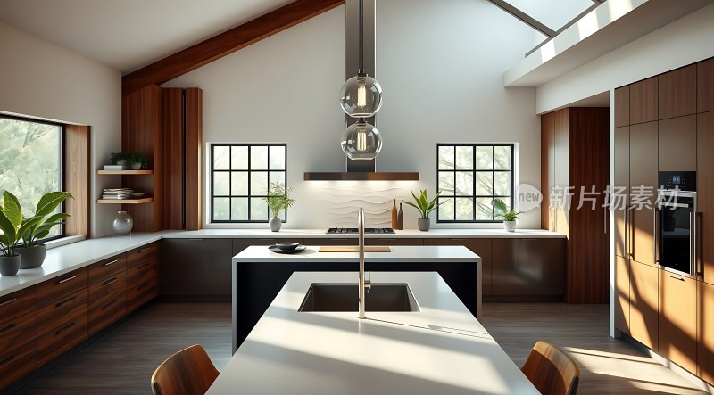 现代厨房设计木质橱柜与白色台面相得益彰自然光线充足营造温馨氛围
