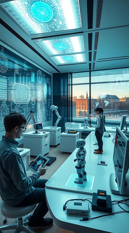 科技实验室中的智能机器人互动场景