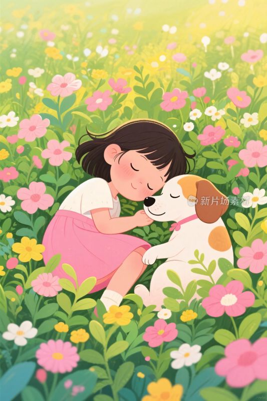 女孩与宠物狗花丛插画