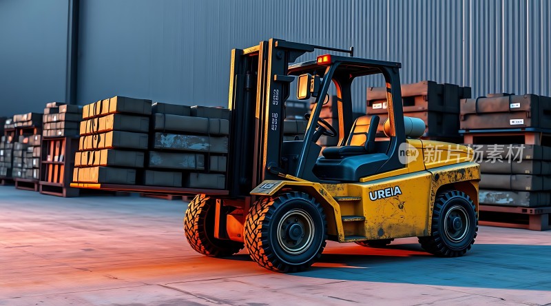 黄色叉车搬运货物仓库背景