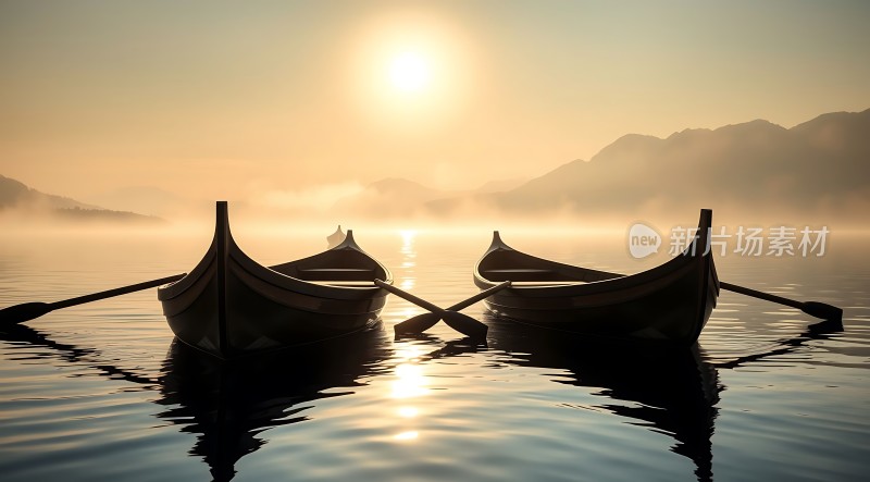 湖畔晨曦映双舟