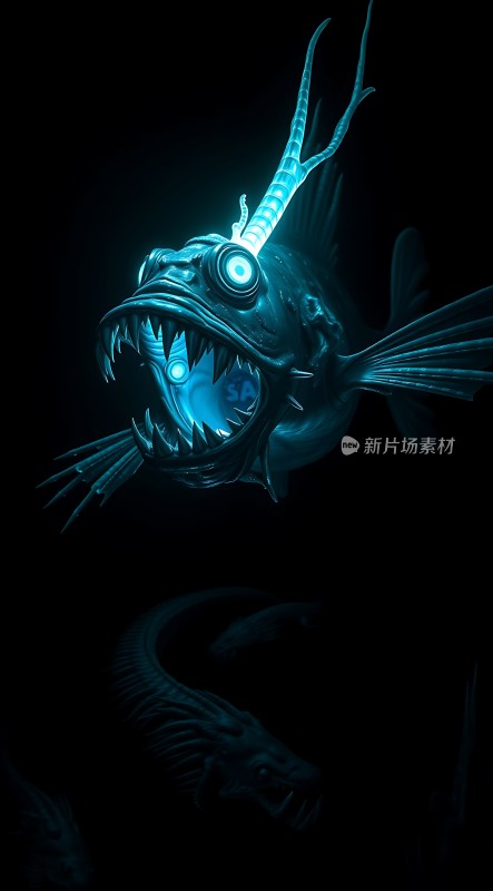 深海巨怪发光的眼睛与锋利牙齿