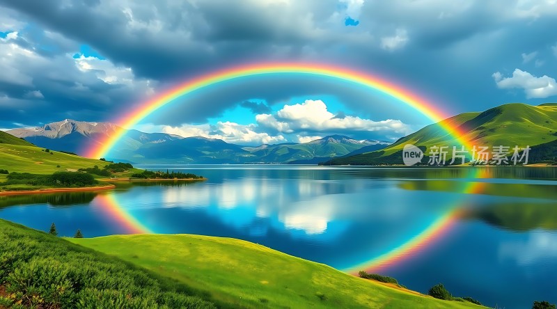 湖畔彩虹映翠波