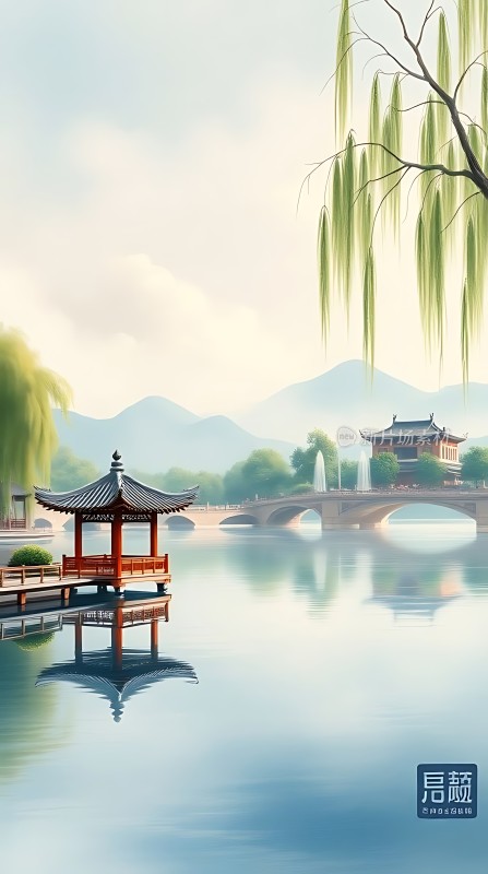 湖畔古亭柳枝垂